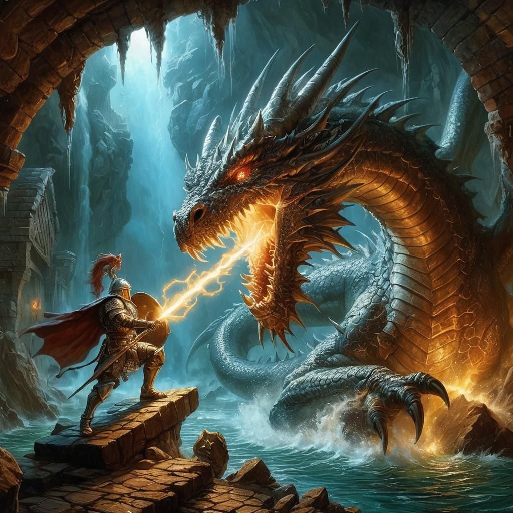 Bronze Dragon Lightning Breath in Classic Fantasy Art