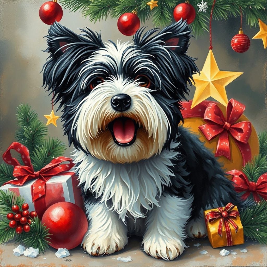 Joyful Black and White Mop Dog Celebrates Christmas in Impre...