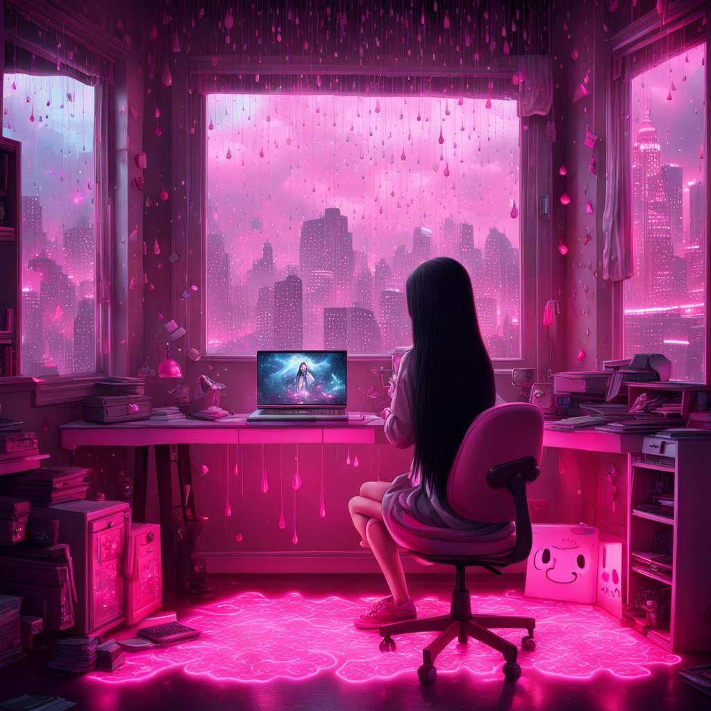 Sanrio Gamer Girl with Pink LEDs, Digital Painting