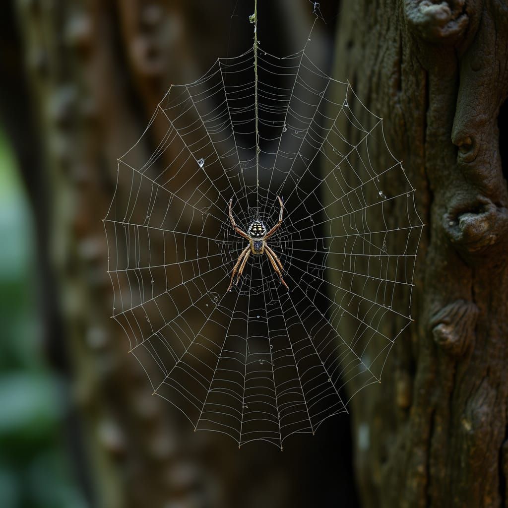 Ancient Tree Trunks Ensnared in a Dewy Spider Web