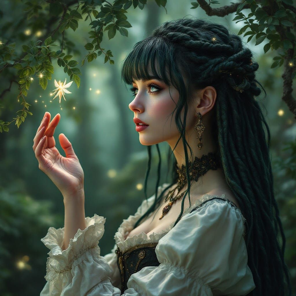 Whimsical Woods: Woman Touches Fairy in Renaissance Dress