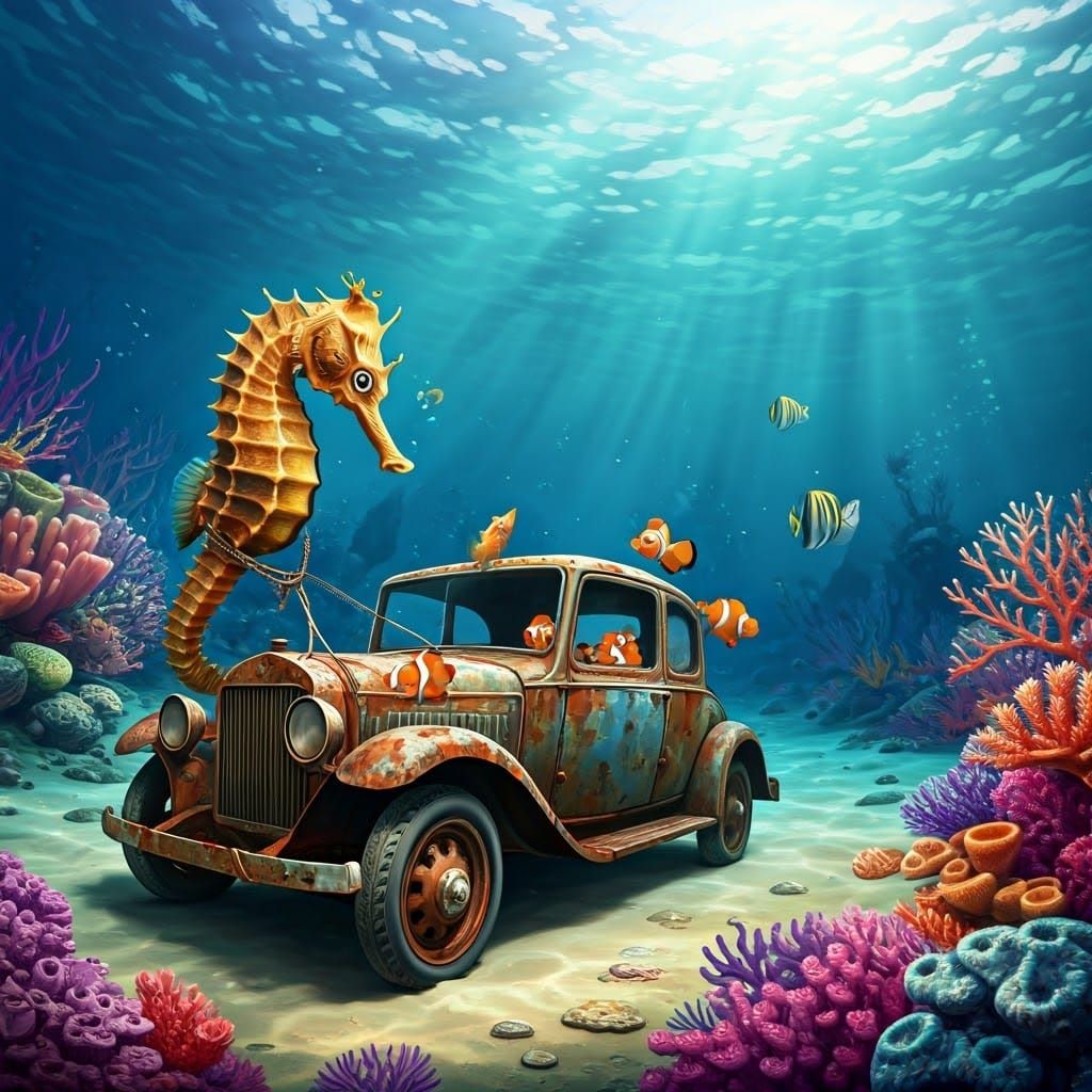 Underwater Seahorse Taxi: Chinese Ink Style