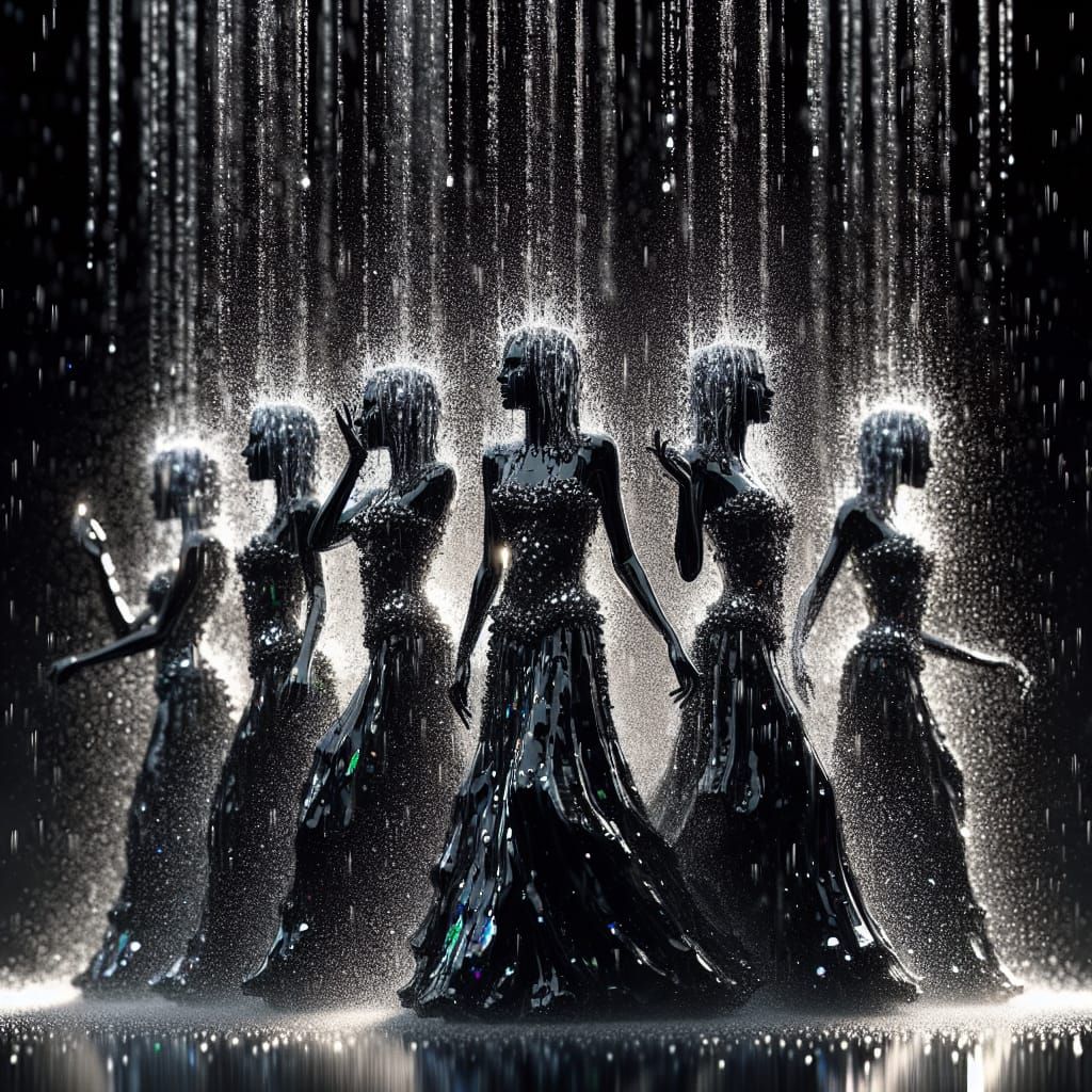 Iridescent Rain Women in Gowns Dissolving