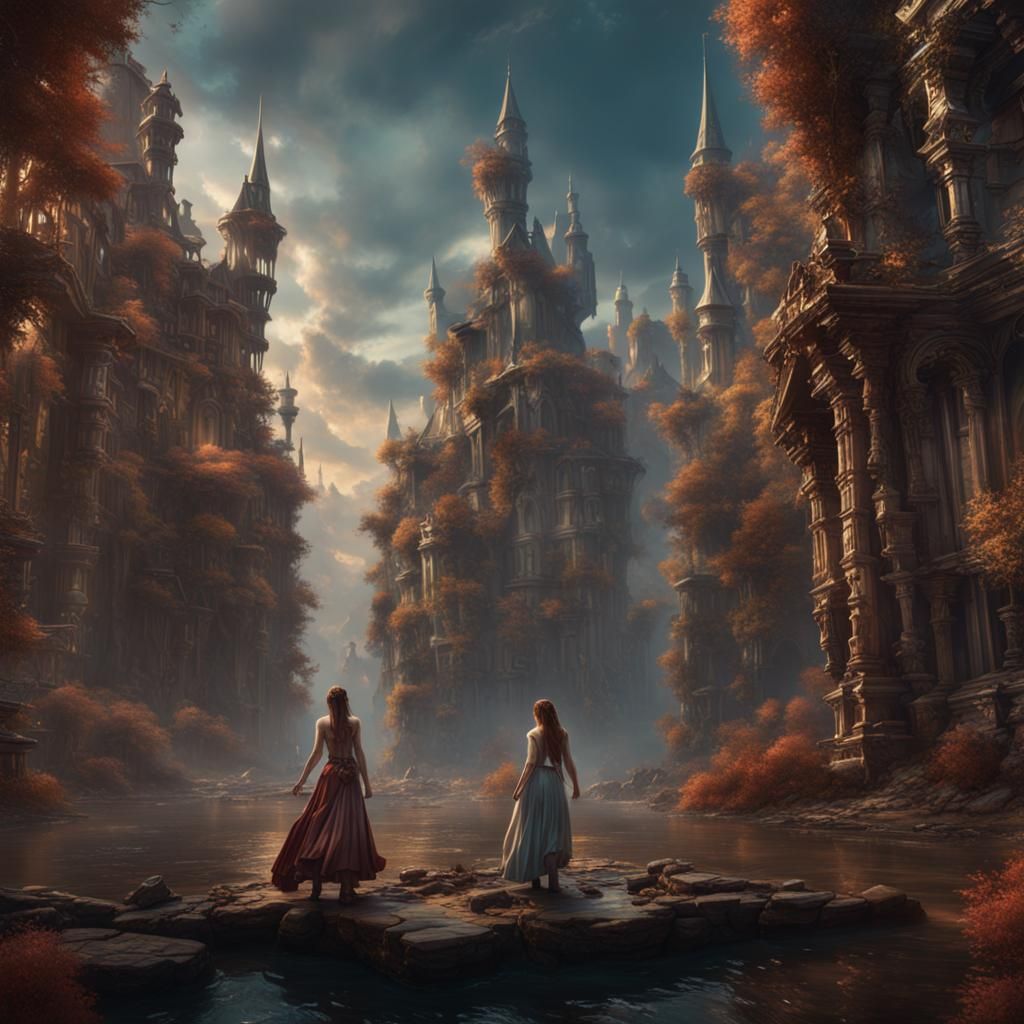 Sisters' Escape: Detailed Matte Painting in Deep Color