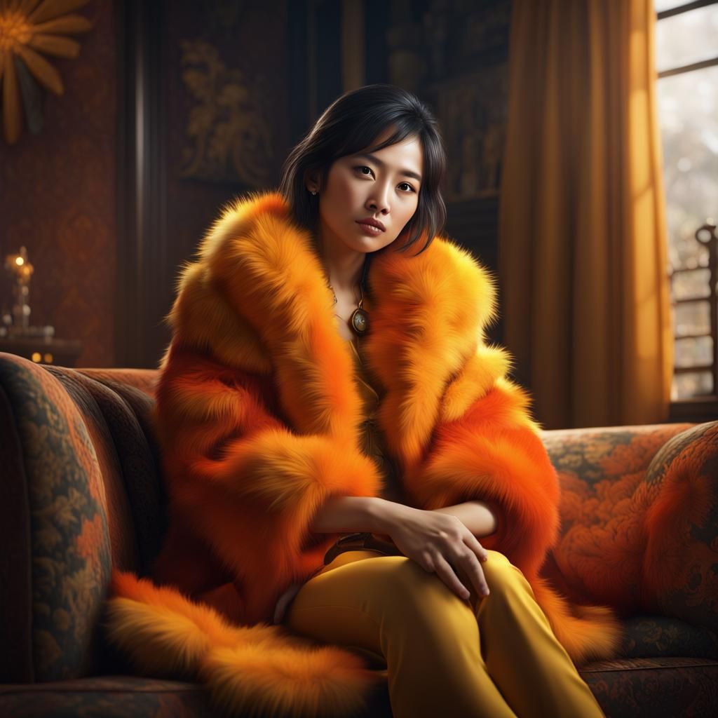 Asian Woman in Furs Watching TV: Photorealistic Painting