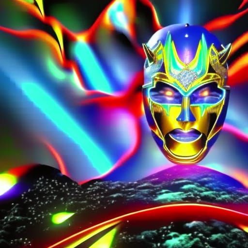 Electric Blue Holographic Demon Mask in Cosmic Landscape