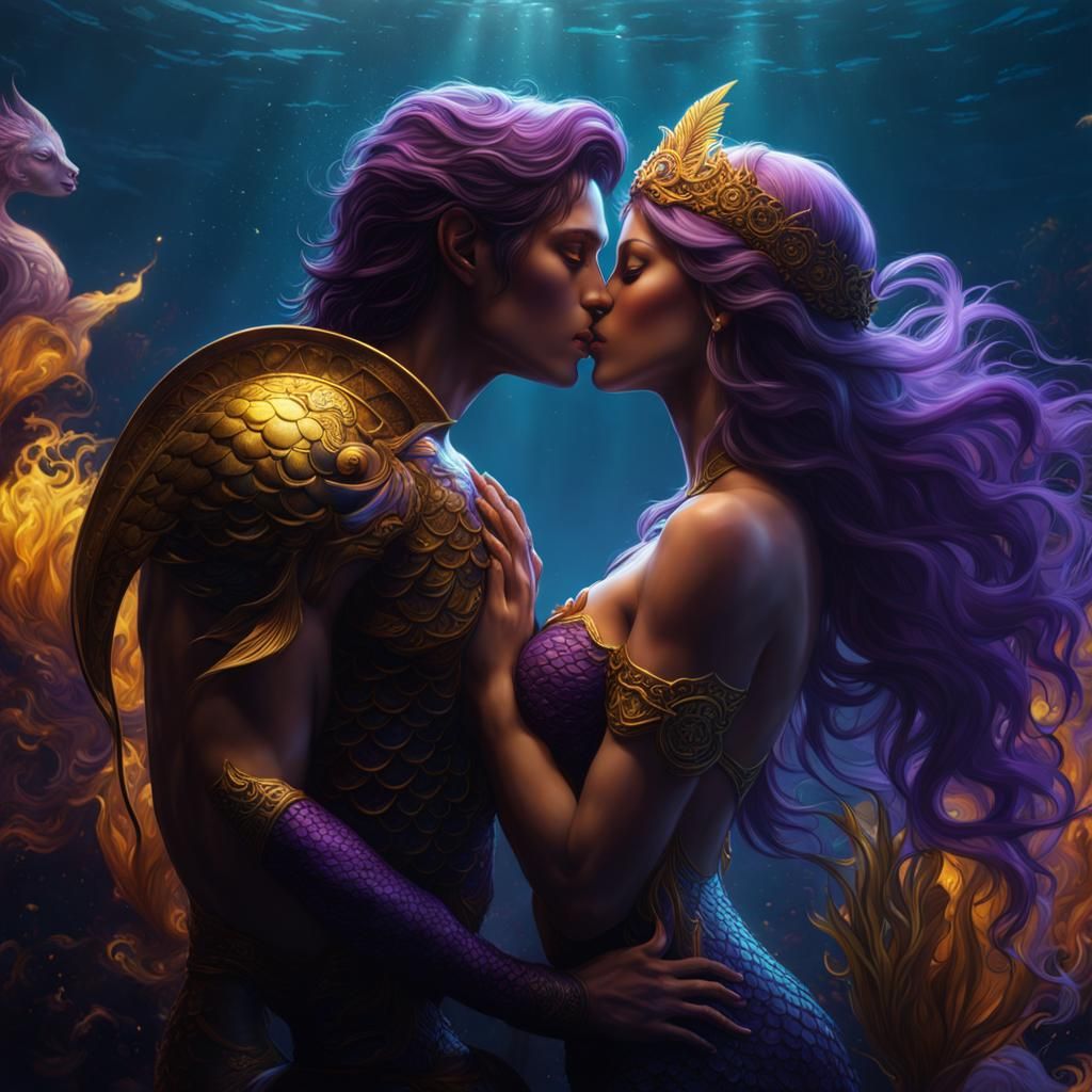 Mermaids Kissing in Dark Fantasy Style