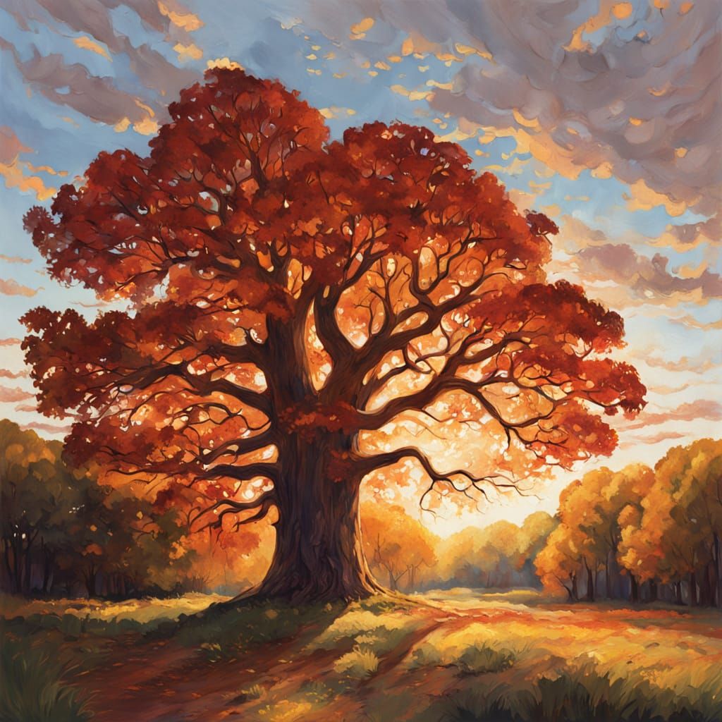 Majestic Oak Tree in Autumn Forest Oil Painting