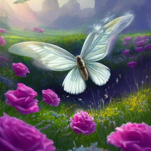 Silver Moth Flight in Lush Rose Meadow: Digital Art
