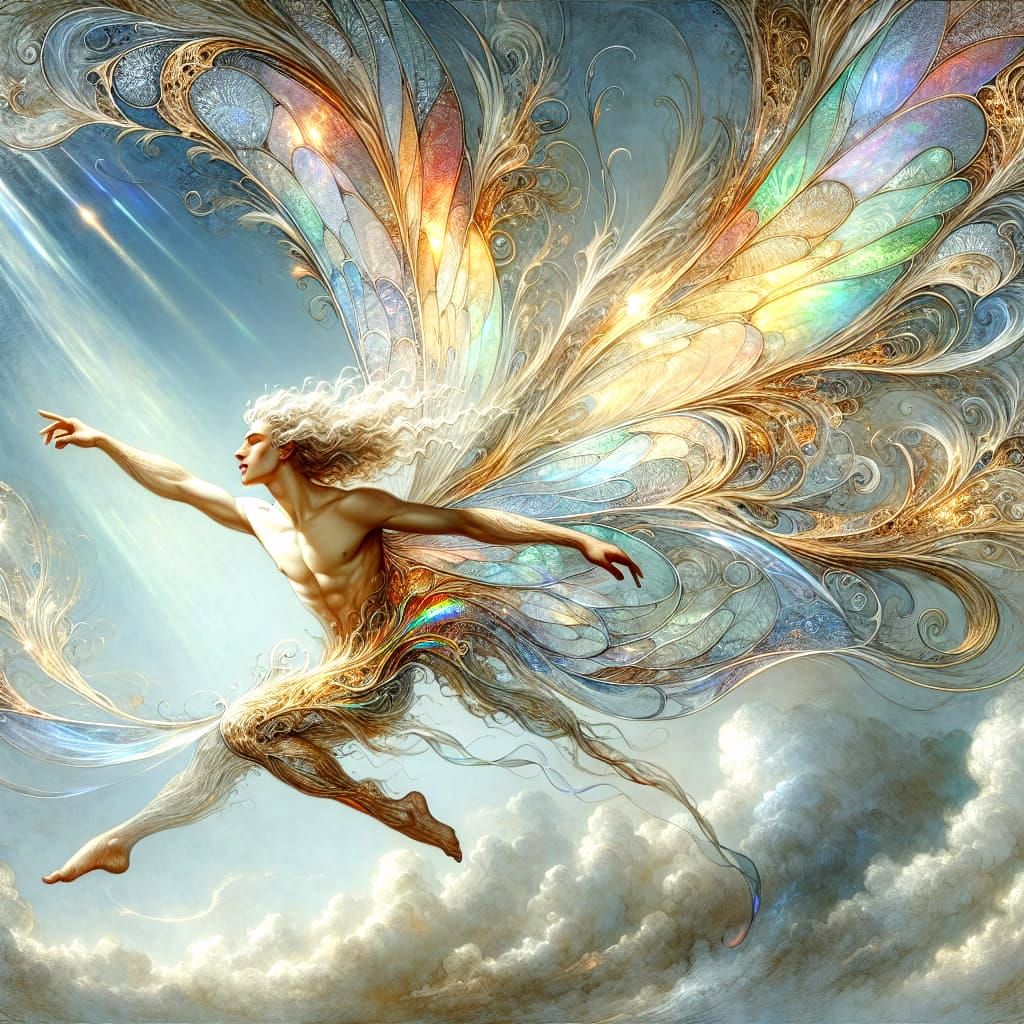 Rainbow-Winged Fairy Soaring Through the Sky as Impasto Wate...