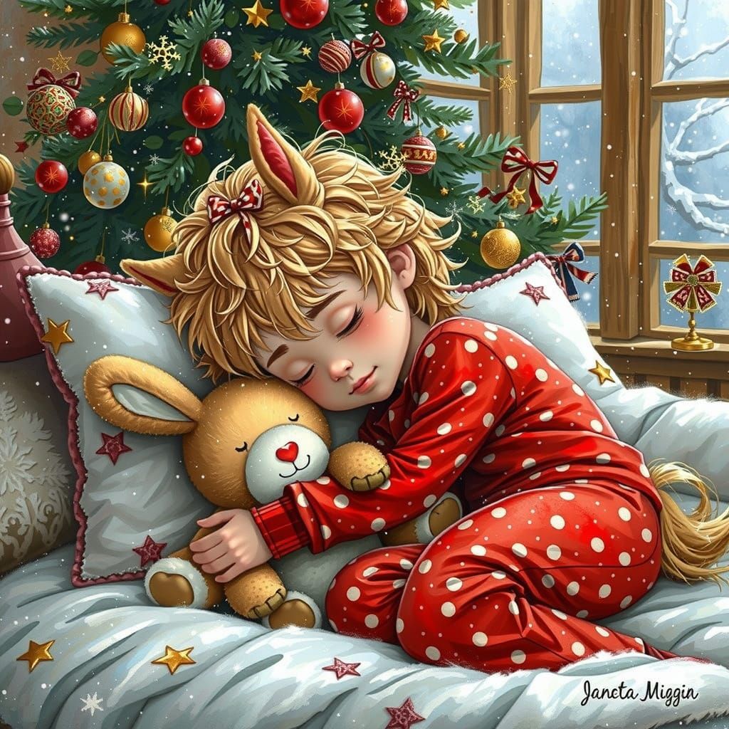 Sweet Boy with Pink Hair Sleeps Cozily in Red Pajamas