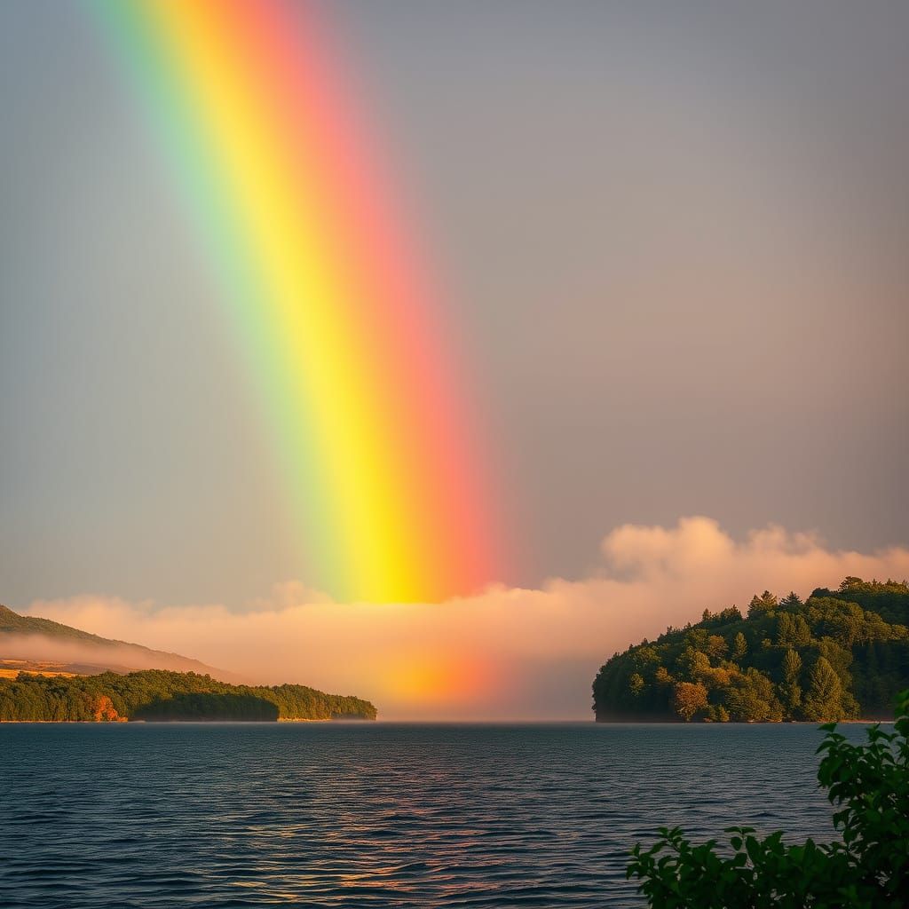 Rainbow over a serene lake in vibrant HDR