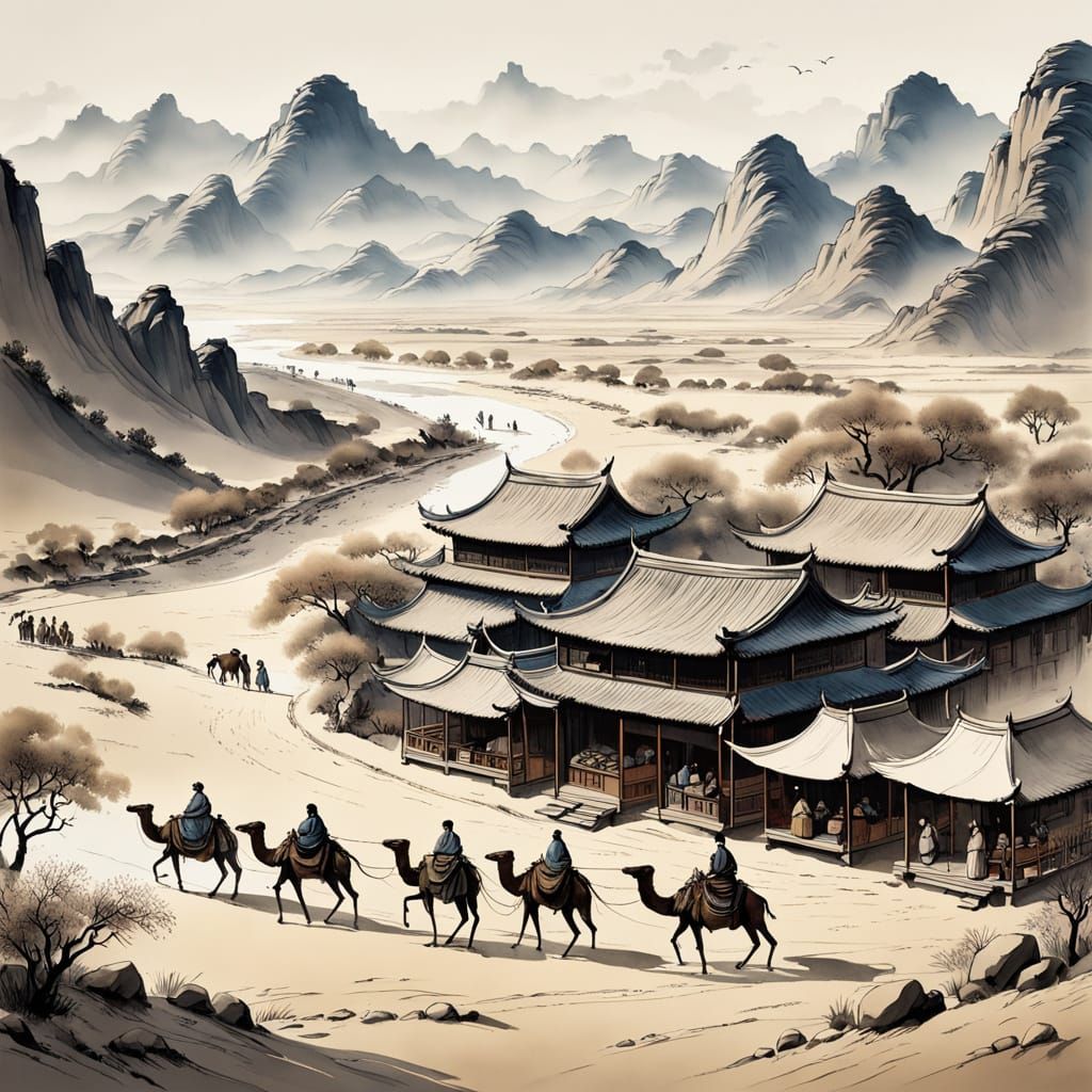 Silk Road Caravan in Traditional Chinese Painting Style