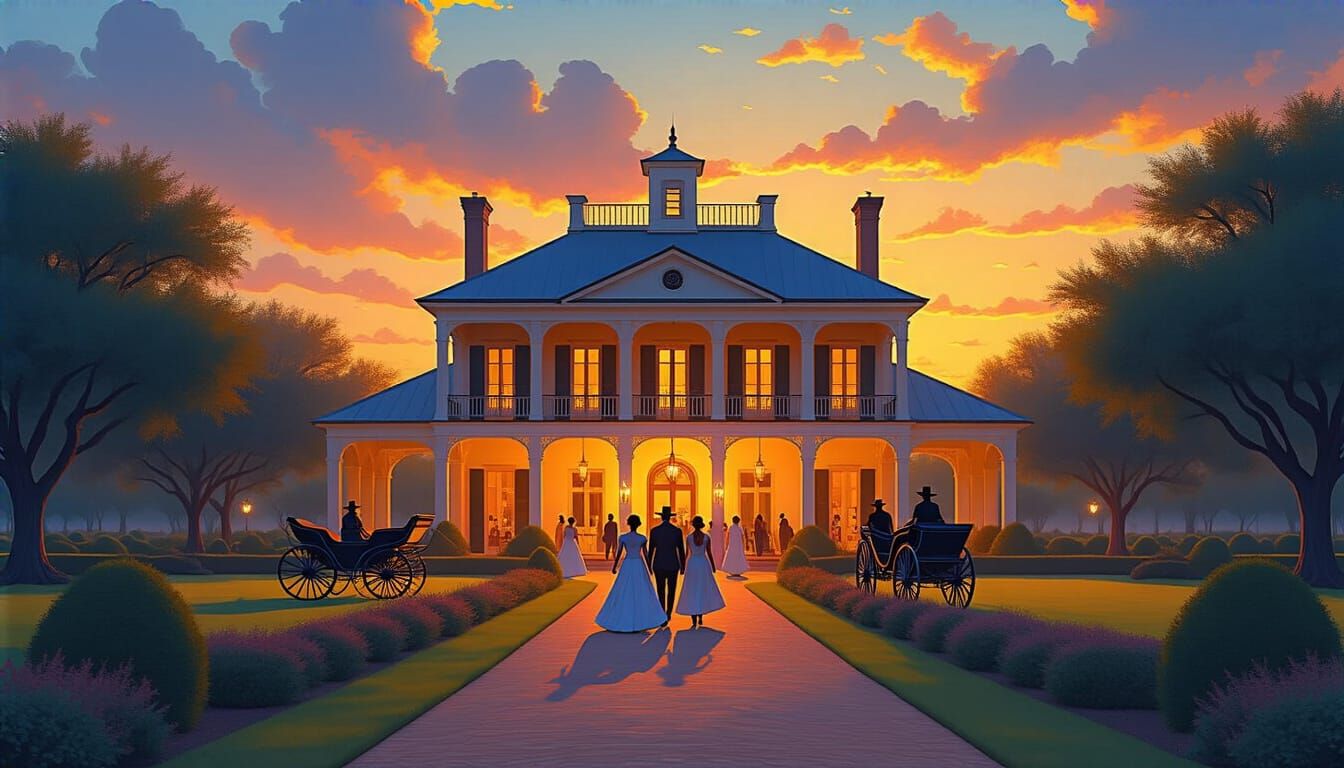 Texas Plantation at Golden Hour with Arriving Carriages
