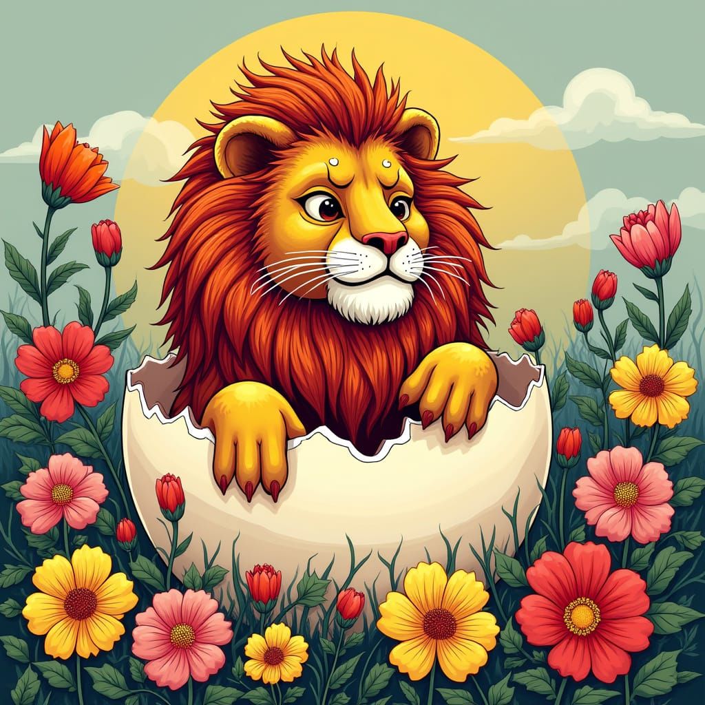 Lion Hatching From Egg in Pop Surrealist Style