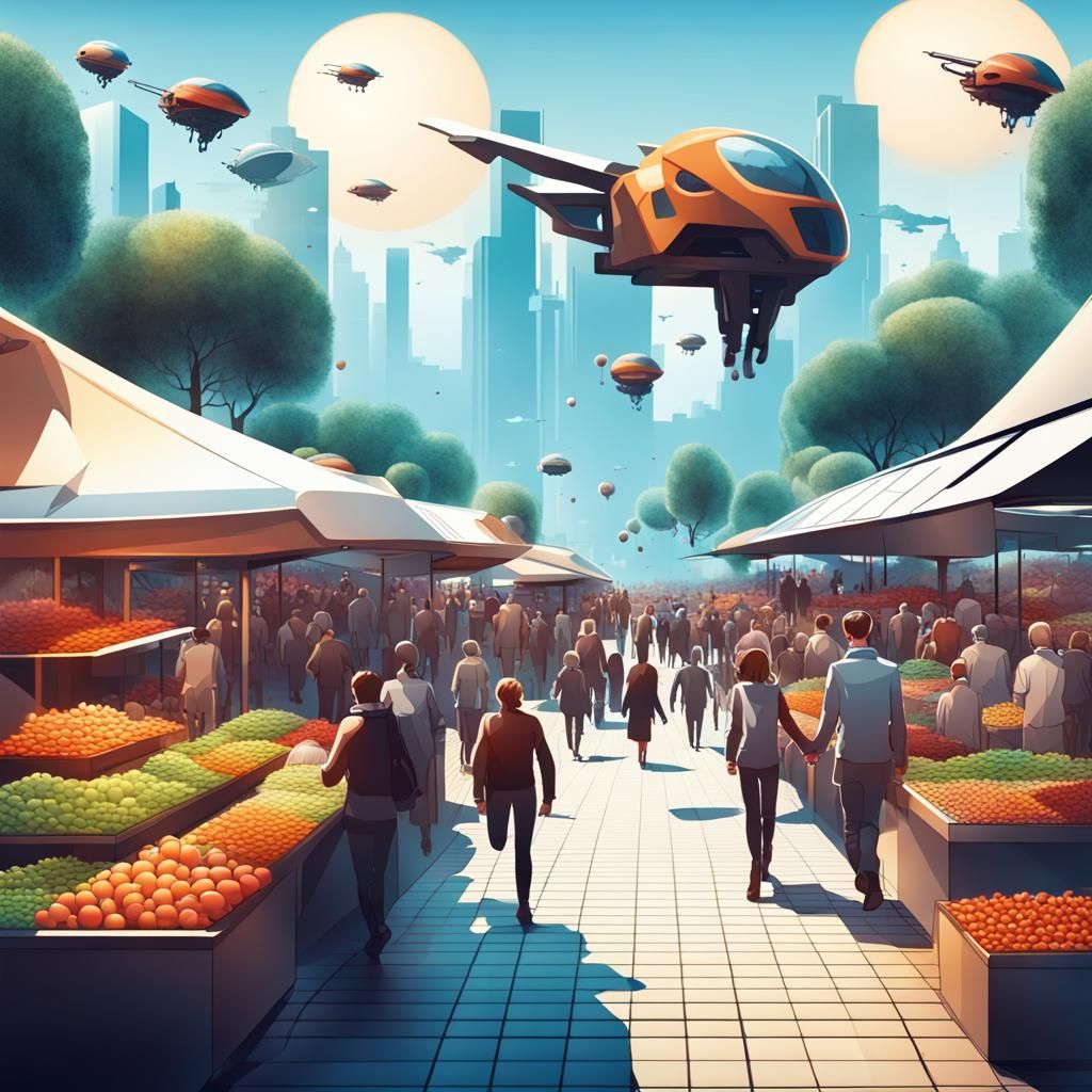 Futuristic Marketplace Scene with Flying Machines