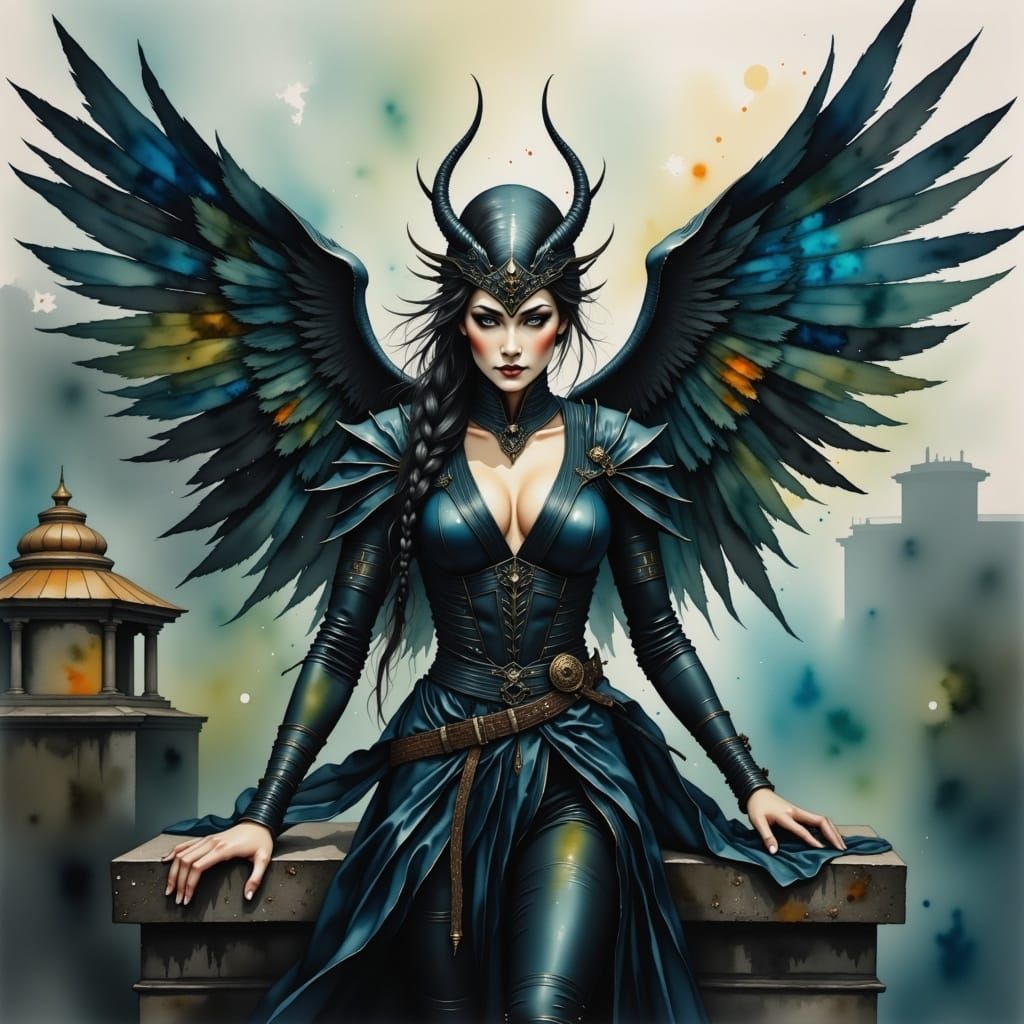 Dark Angel on Rooftop in Water-Ink Style