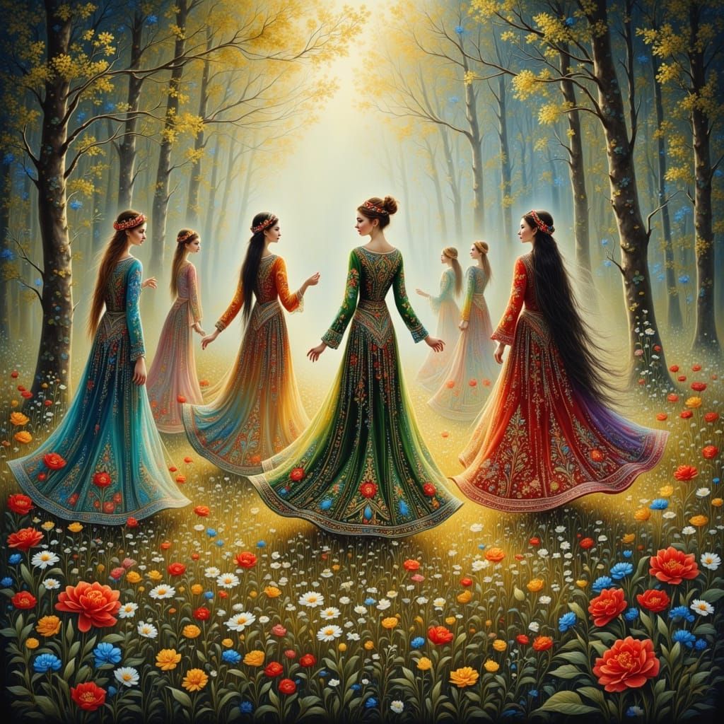 Ethereal Slavic Spirits Dance in Sunlit Meadow