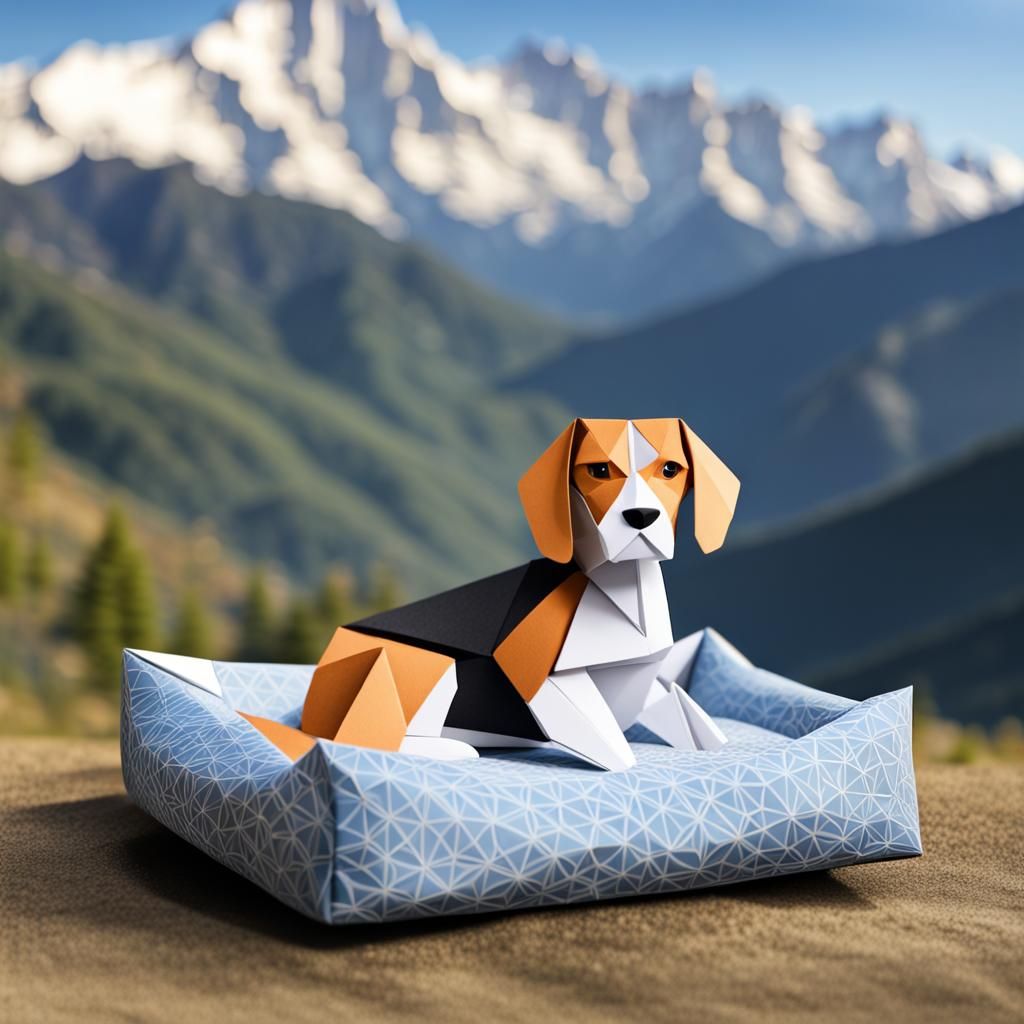 Beagle in Dog Bed: Origami Papercraft Mountains