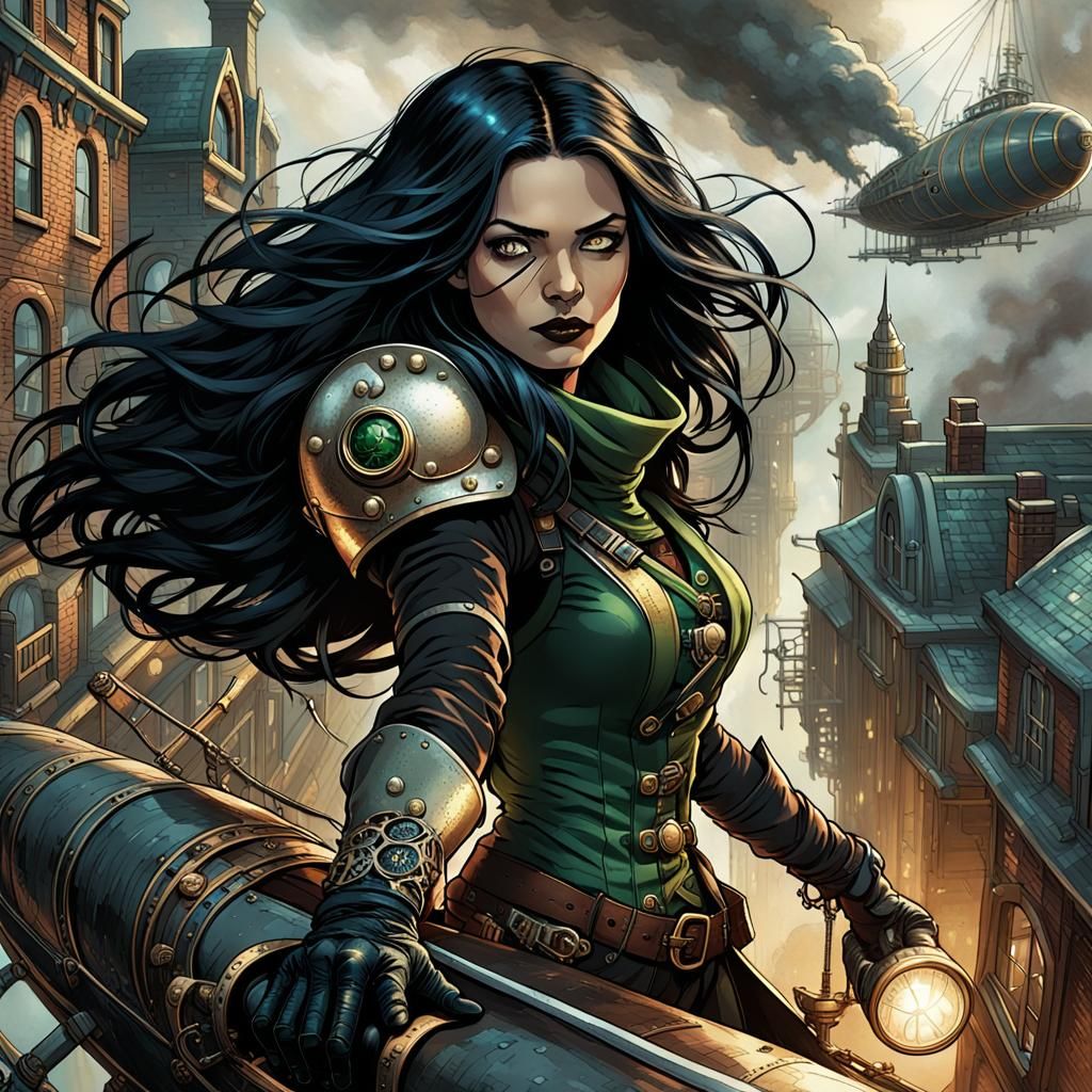 Steampunk Woman with Scimitar Above City
