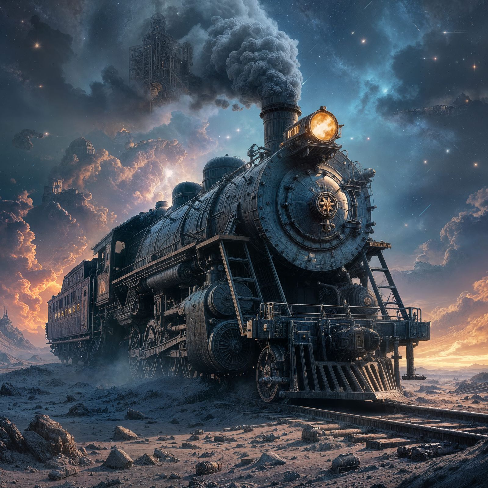 Derelict Steam Train Drifting Through Cosmic Nebula