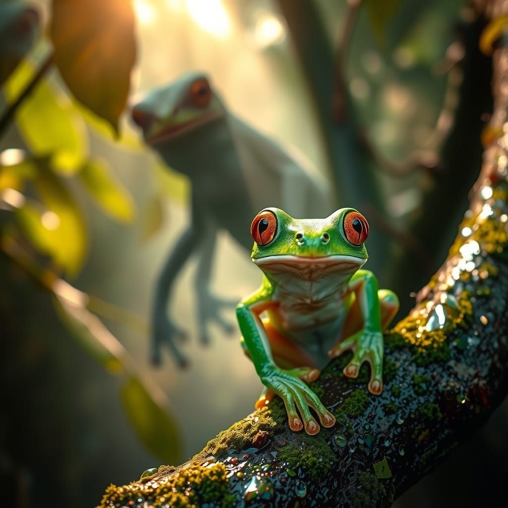 Startled Tree Frog in Rainforest, Hyperrealistic Photography
