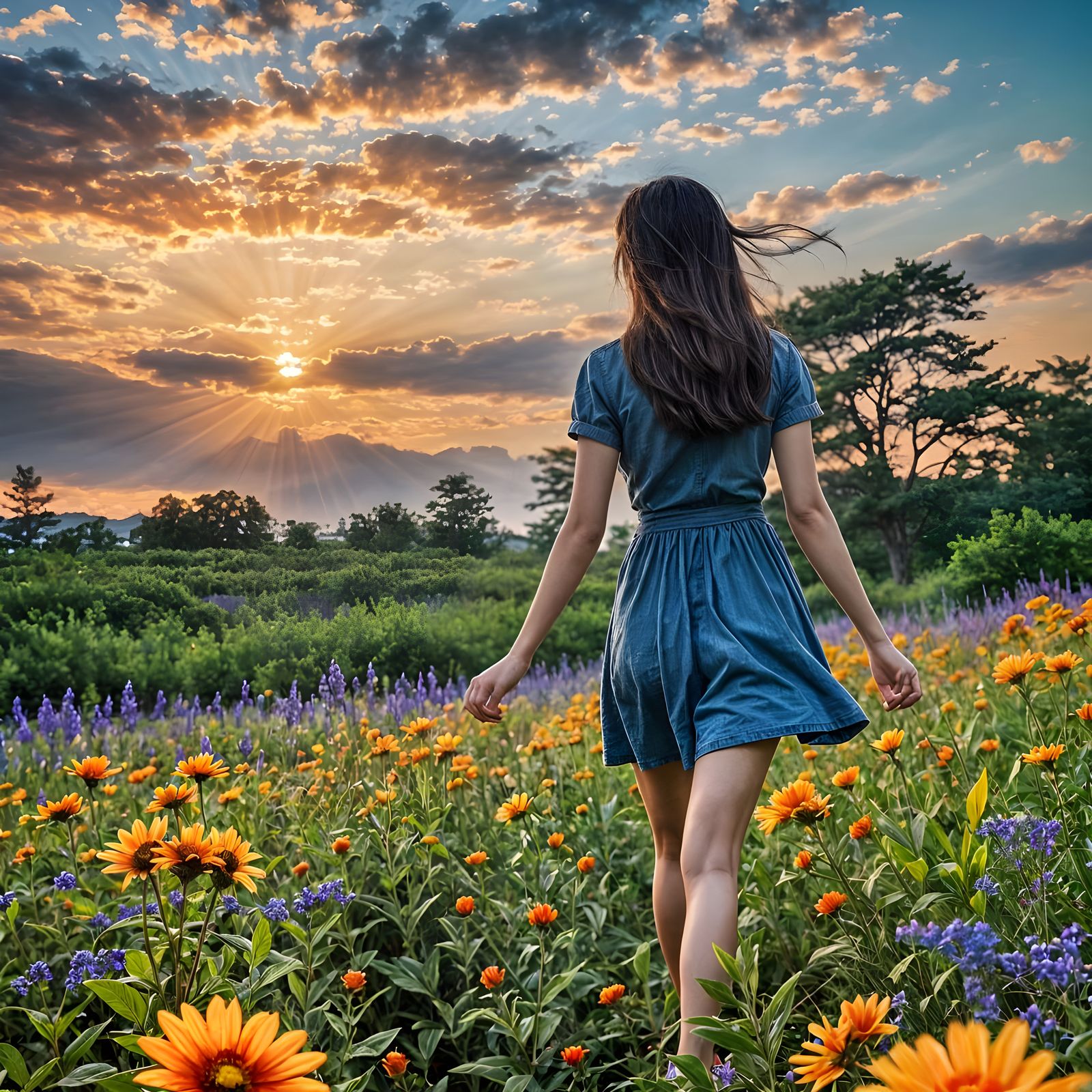 Young Korean Woman Strolls Through Vibrant Floral Field at S...