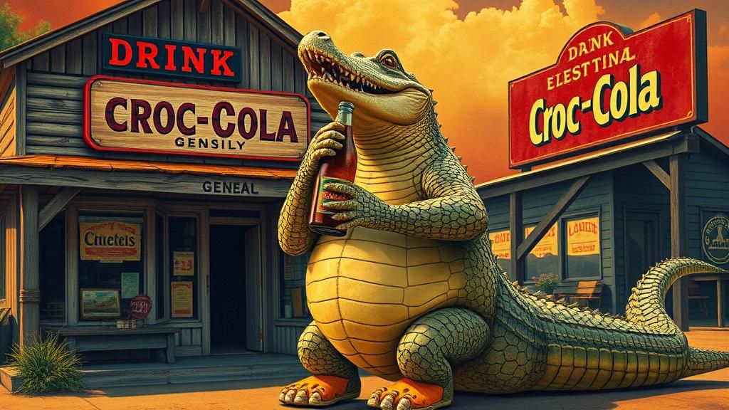 Surreal Crocodile Drinks Soda in Retro Style