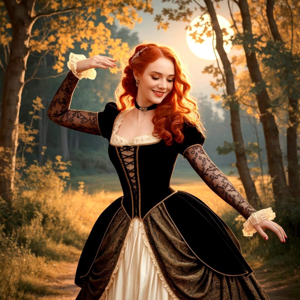 Redhead in Victorian Dress Dancing in Moonlight