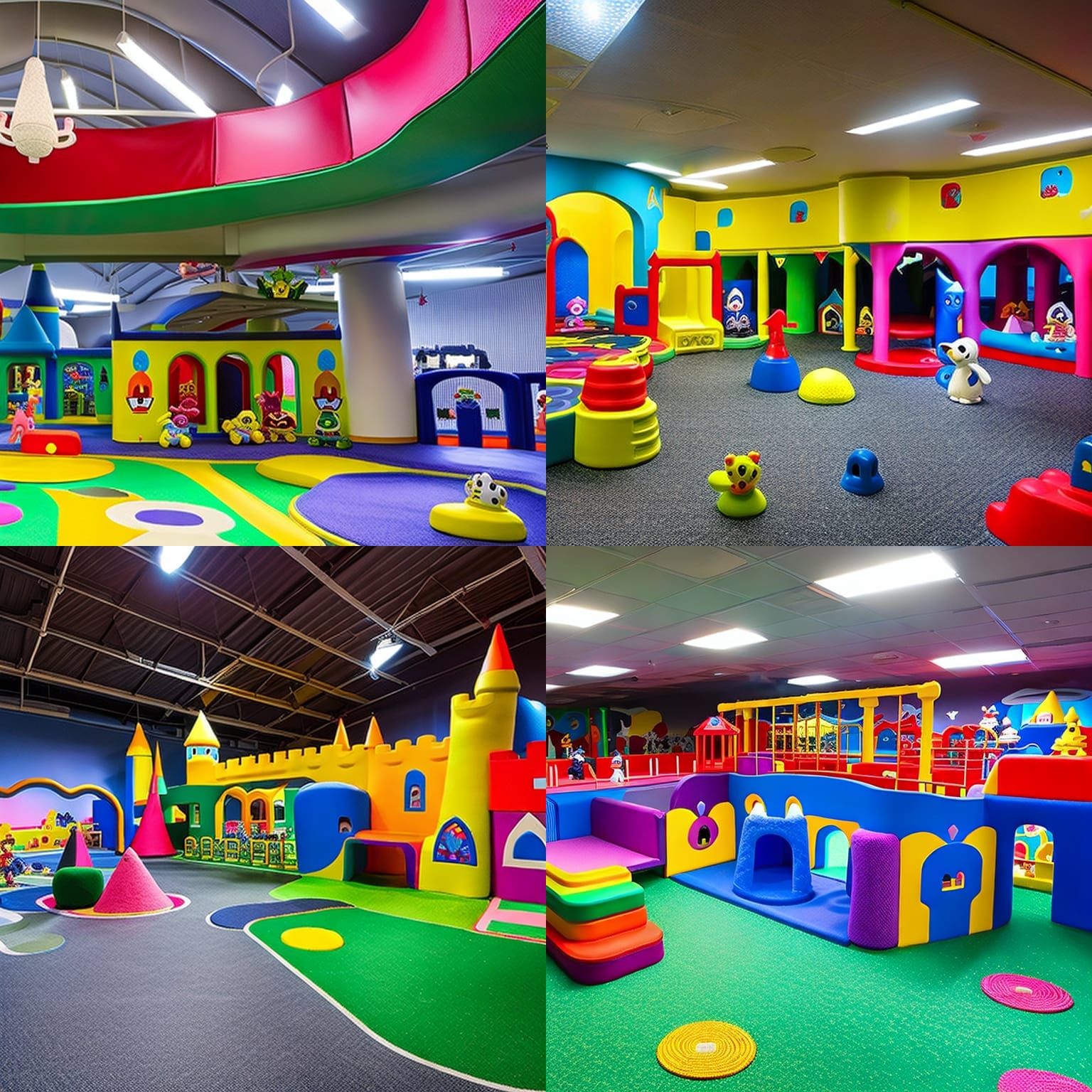 inside a dimly lit daycare, a large castle shaped playground...