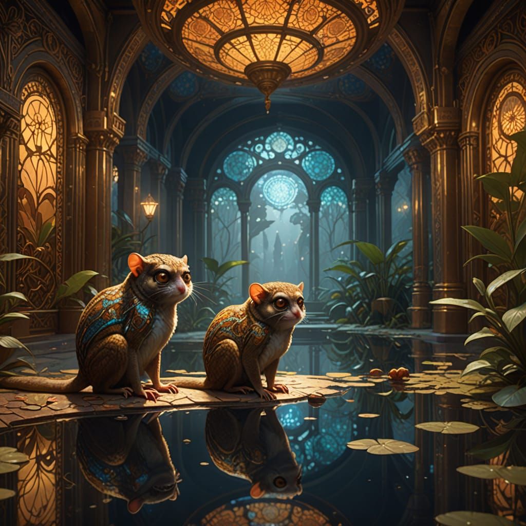 Tarsiers Observe Reflections in Gilded Chamber
