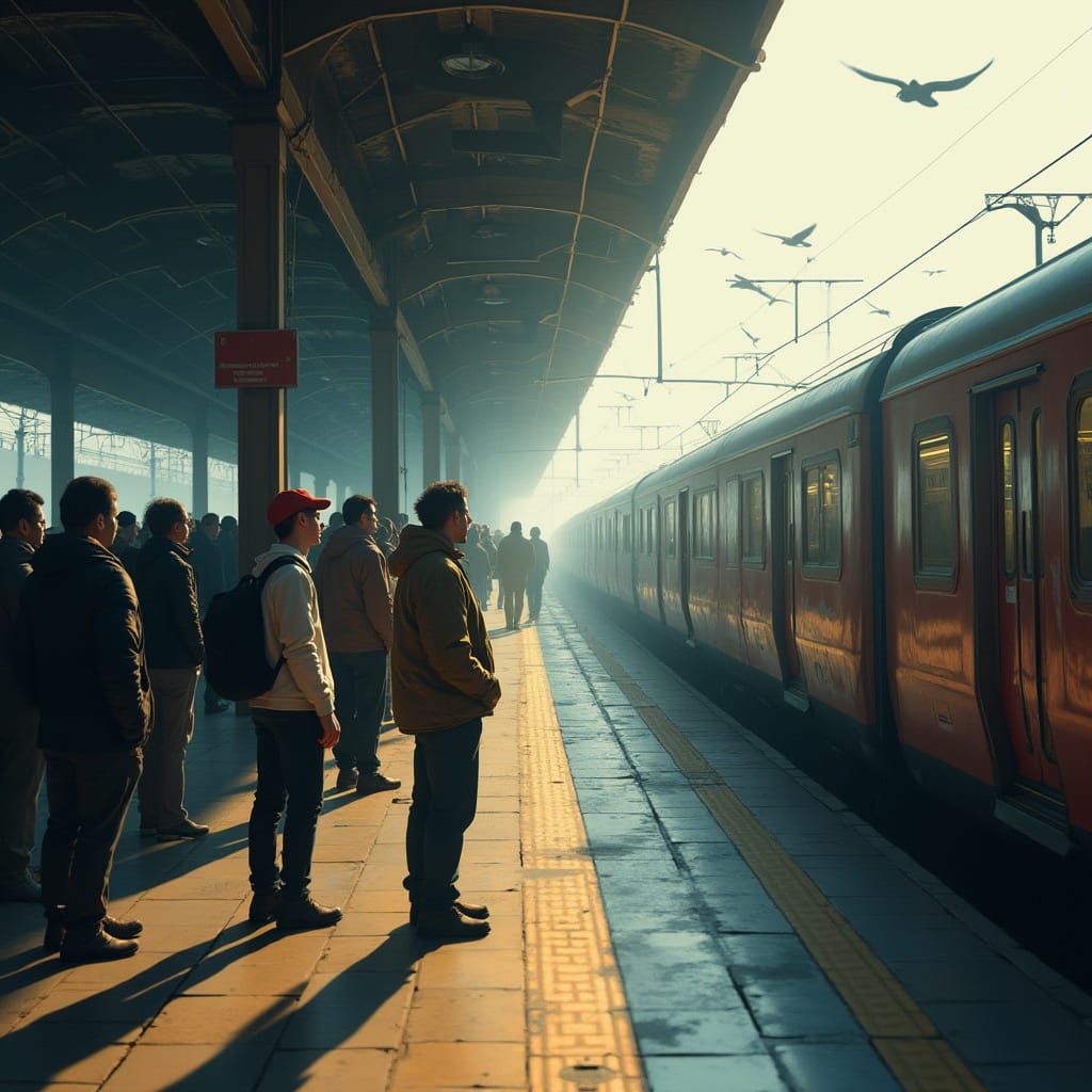 Crowded Train Station in Surreal Digital Art Style