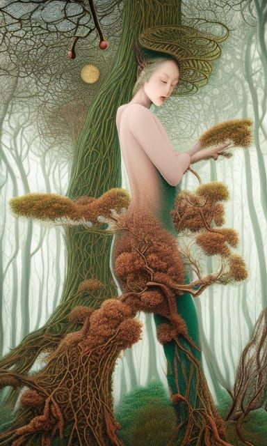 Tree-Human Hybrid in Mycelium Network, Detailed Art