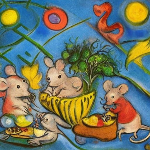 Mice Family Feast in Lavish Burrow, Surrealist Style