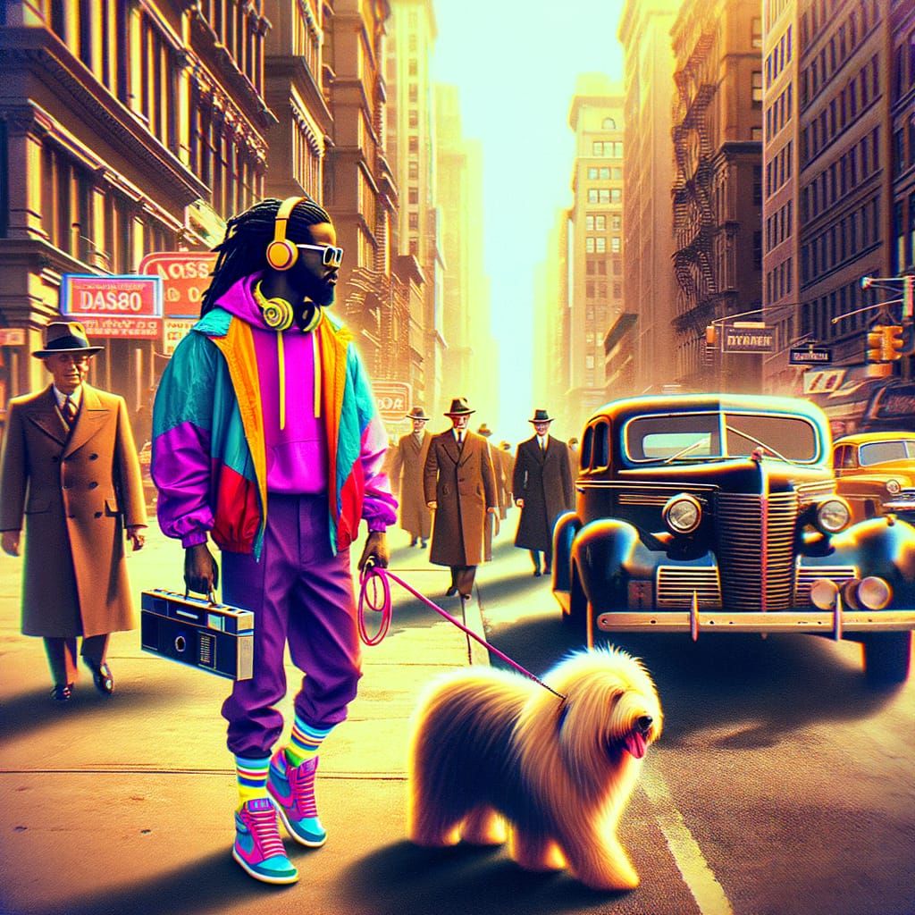 Retro-Futuristic Cityscape with 80's Kid and Shaggy Dog