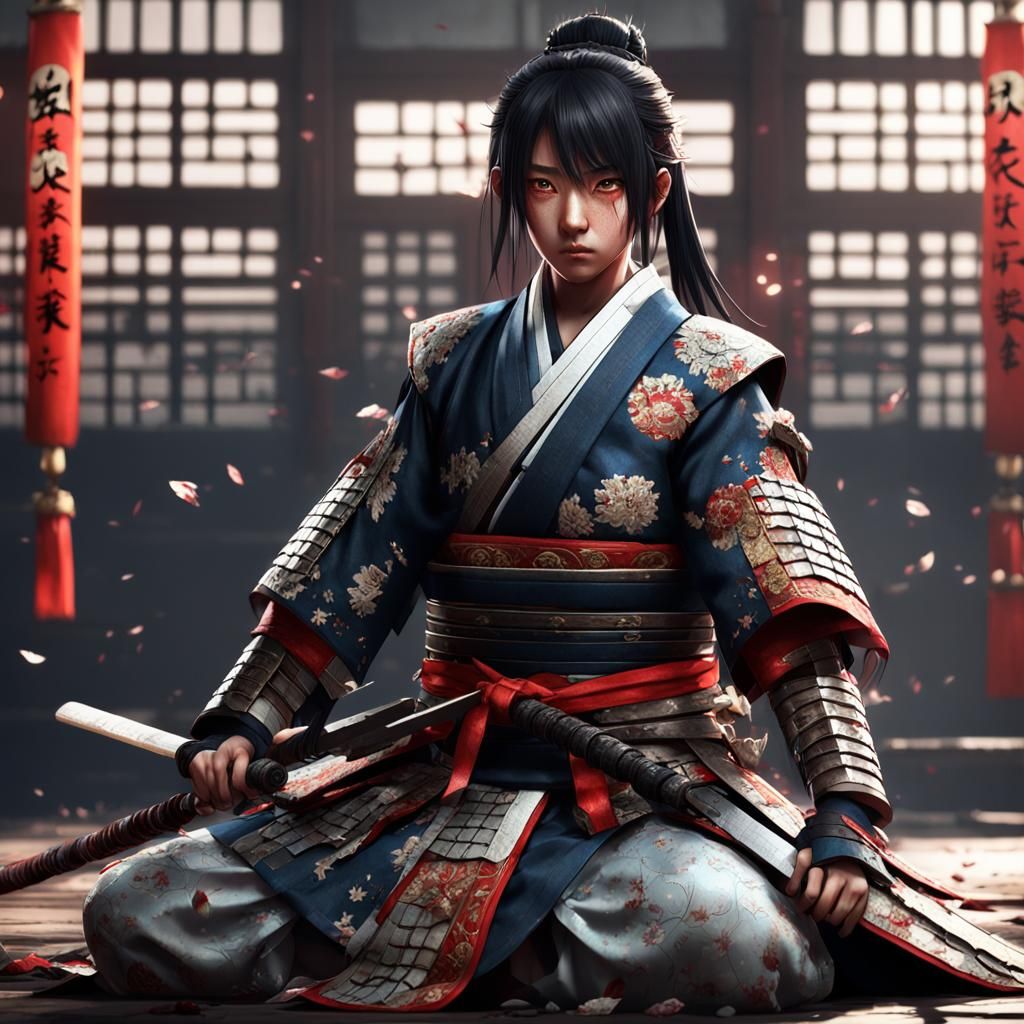 Wounded Samurai Woman in Hyperrealistic Anime Style