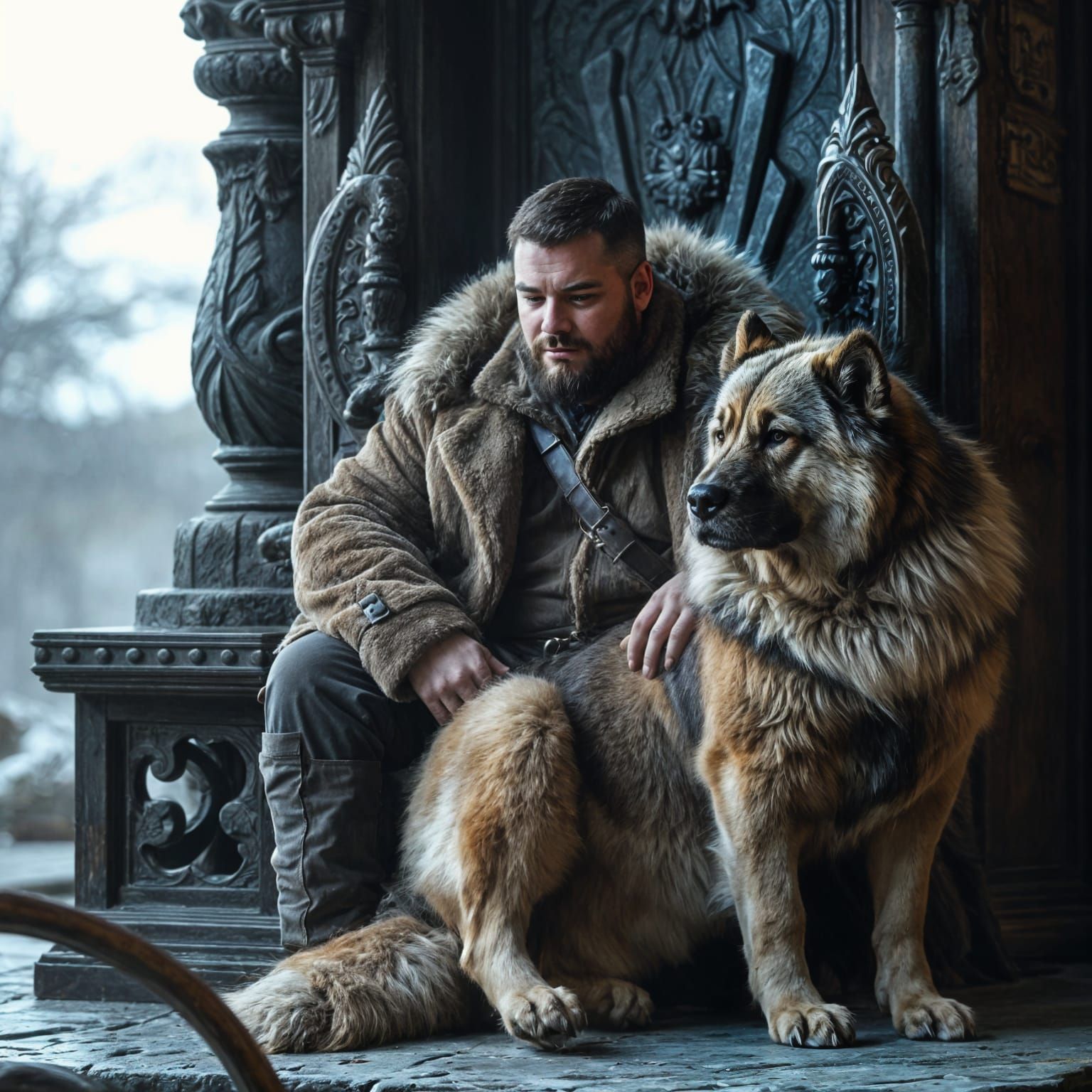 Regal Man and Giant Dog in Warm Fantasy Throne Room