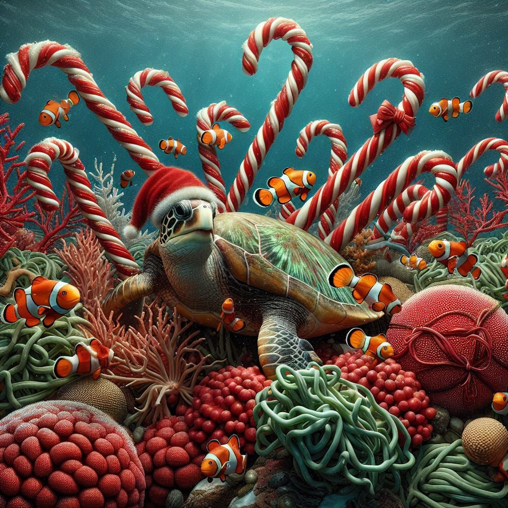 Festive Underwater Christmas Tableau with Santa Turtle
