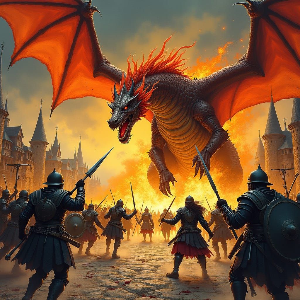 Fire Dragon Attacking Medieval Village in Fantasy Art