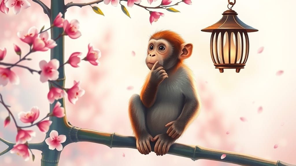 Serene Watercolor Monkey in Cherry Blossom Haven