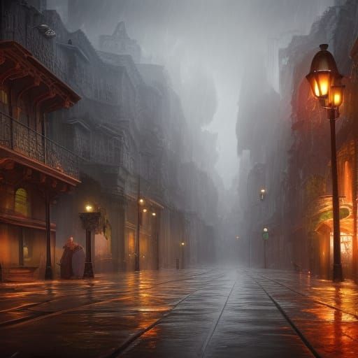 Rainy Day Street Scene in Detailed Matte Painting