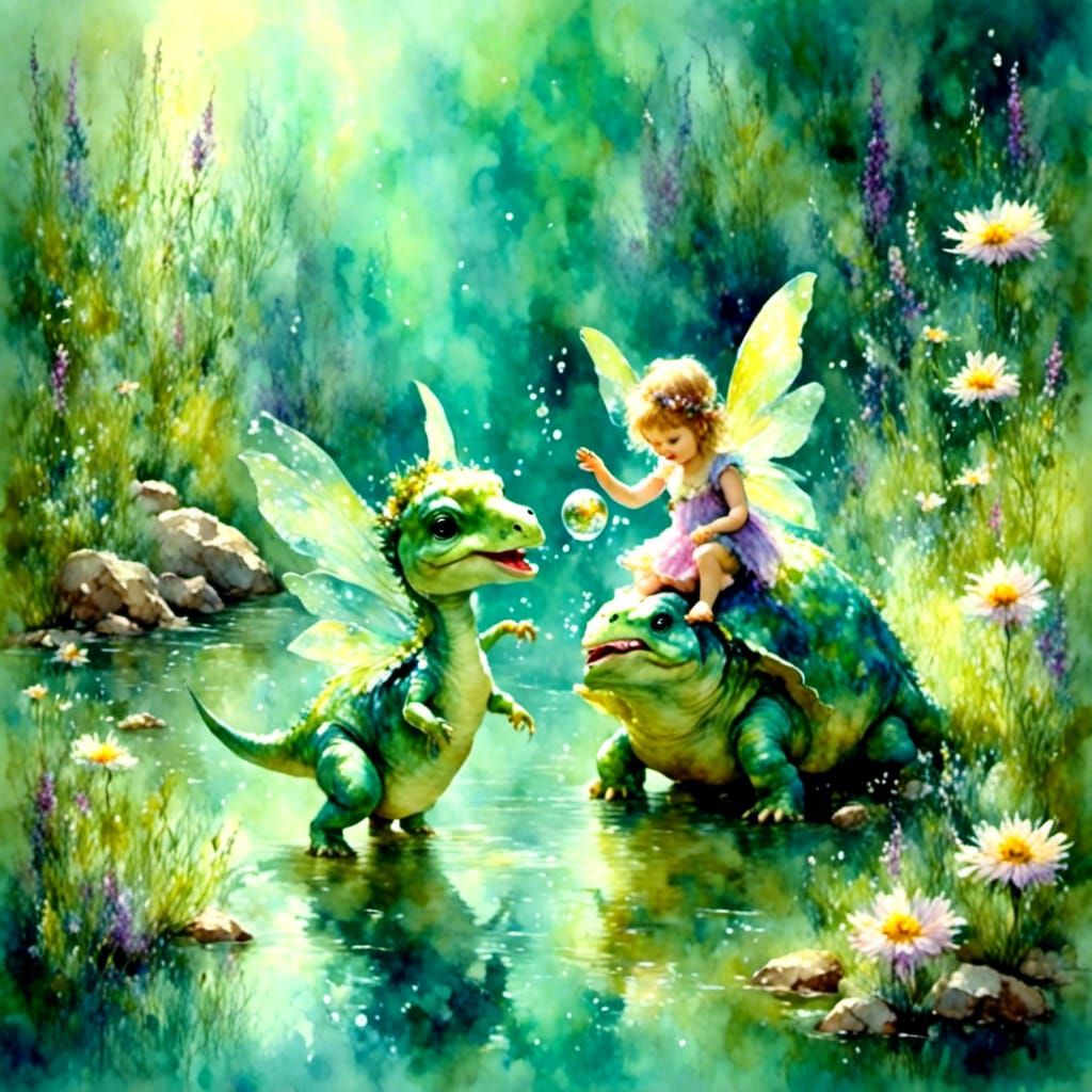 Water Fairy Plays with Baby Dinosaur in Creek
