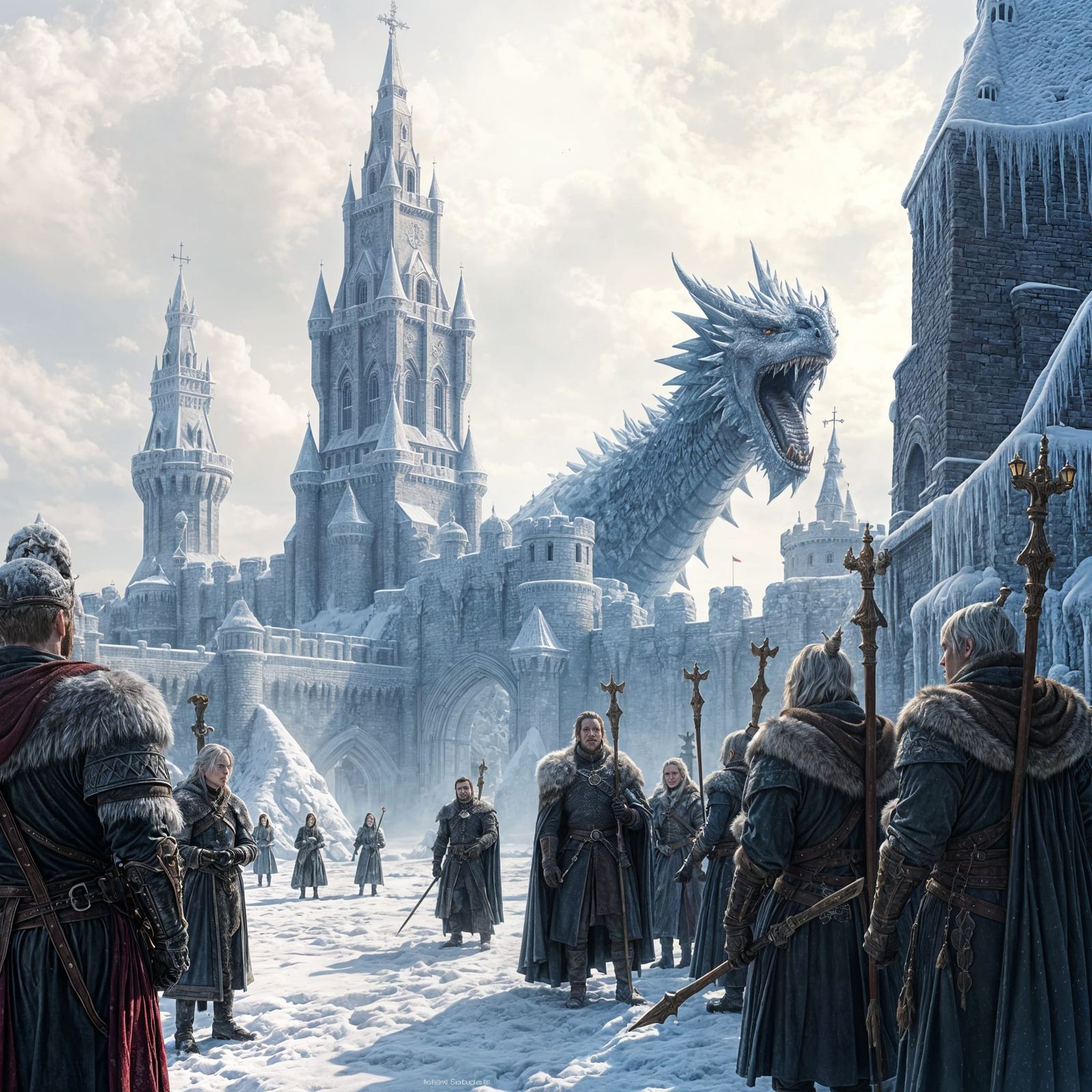 Epic Fantasy Winter Kingdom with Majestic Ice Dragon