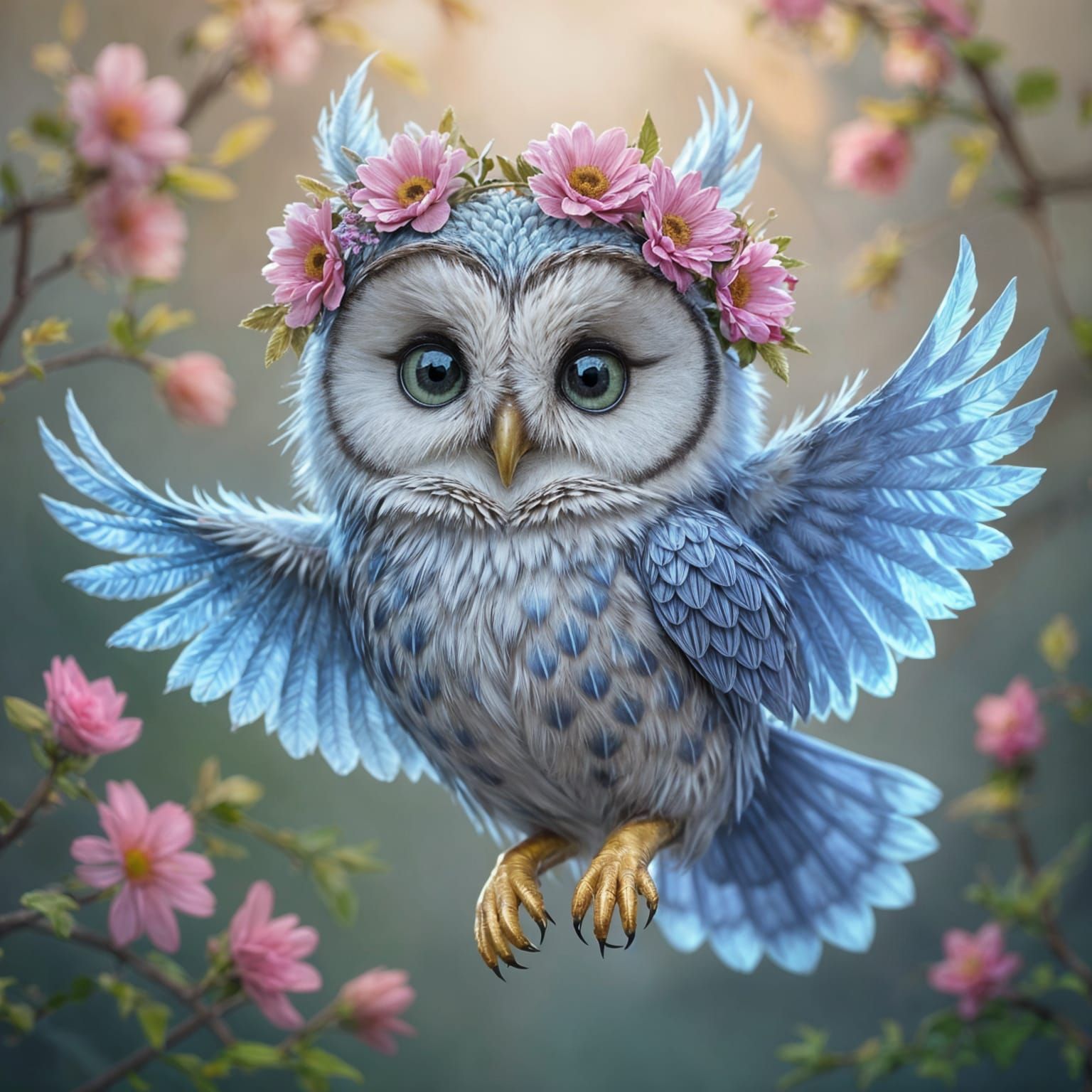 Whimsical Owl With Golden Beak and Flower Wreath