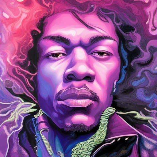 Psychedelic Jimi Hendrix Portrait in Neon Purple Haze