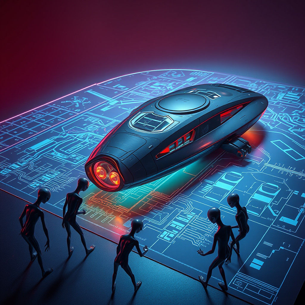 Aliens Study UFO Blueprints in Futuristic 8K