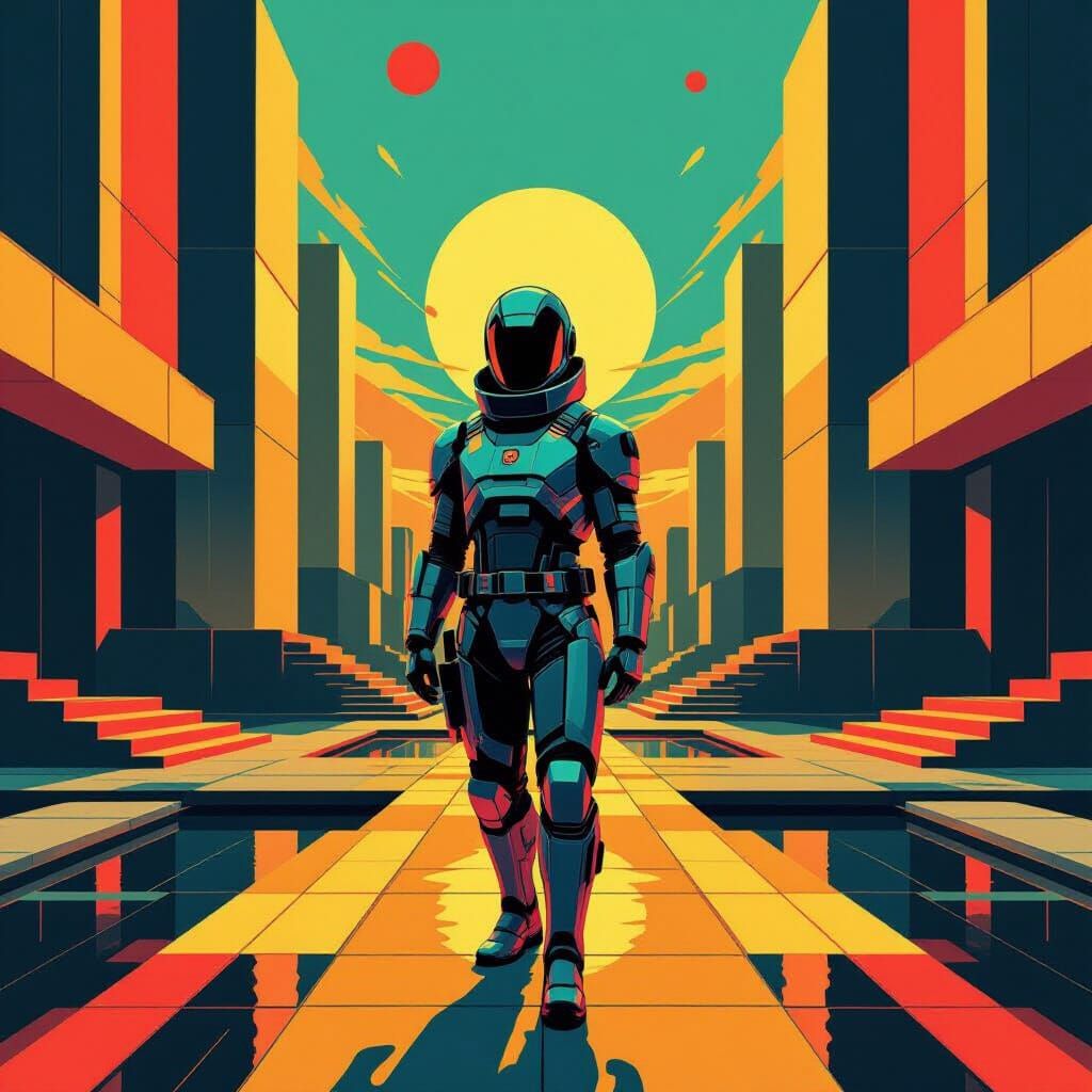 Futuristic Figure Amidst Bauhaus Architecture in Pop Art Sty...