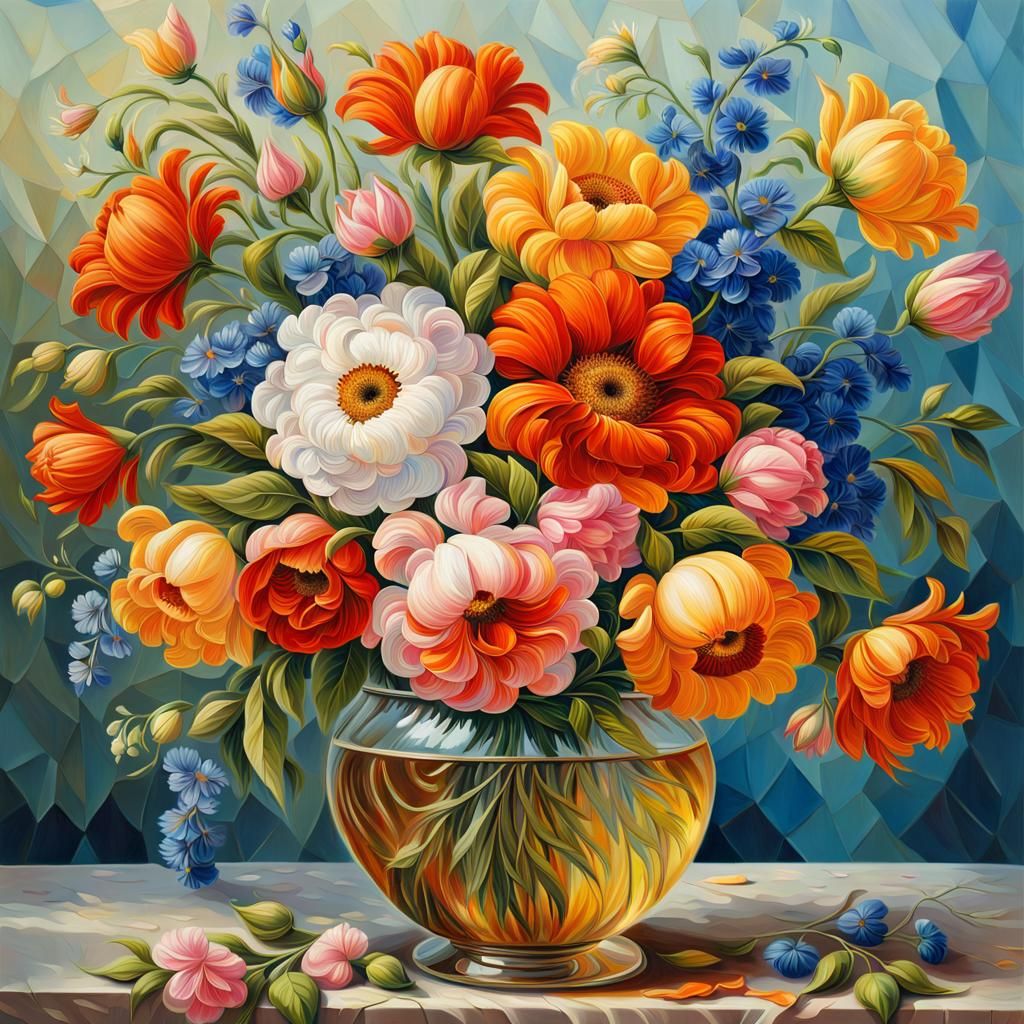 Floral Bouquet in Vase as Wet Oil Painting
