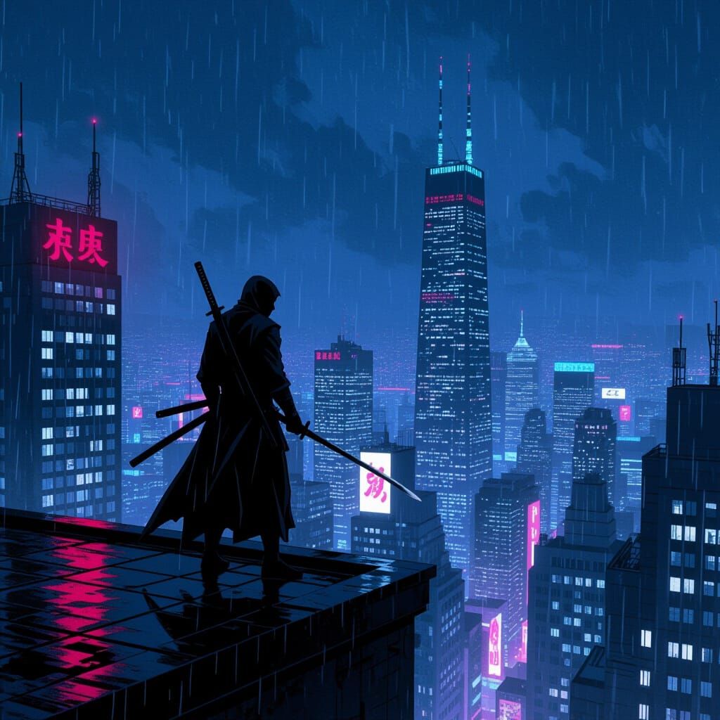 Cloaked Ninja on Rooftop in Neon Metropolis