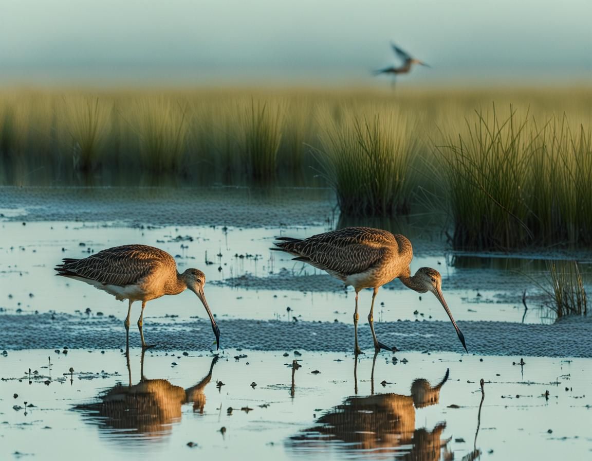 Godwits and Curlew in Hazy Morning Light